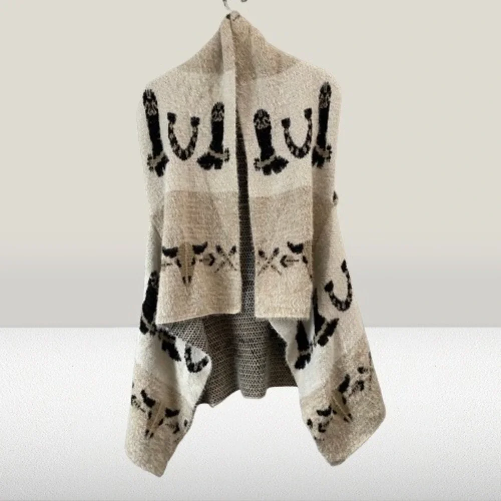 Western Boho Long Open Front Cardigan Sweater Tan One Size‎